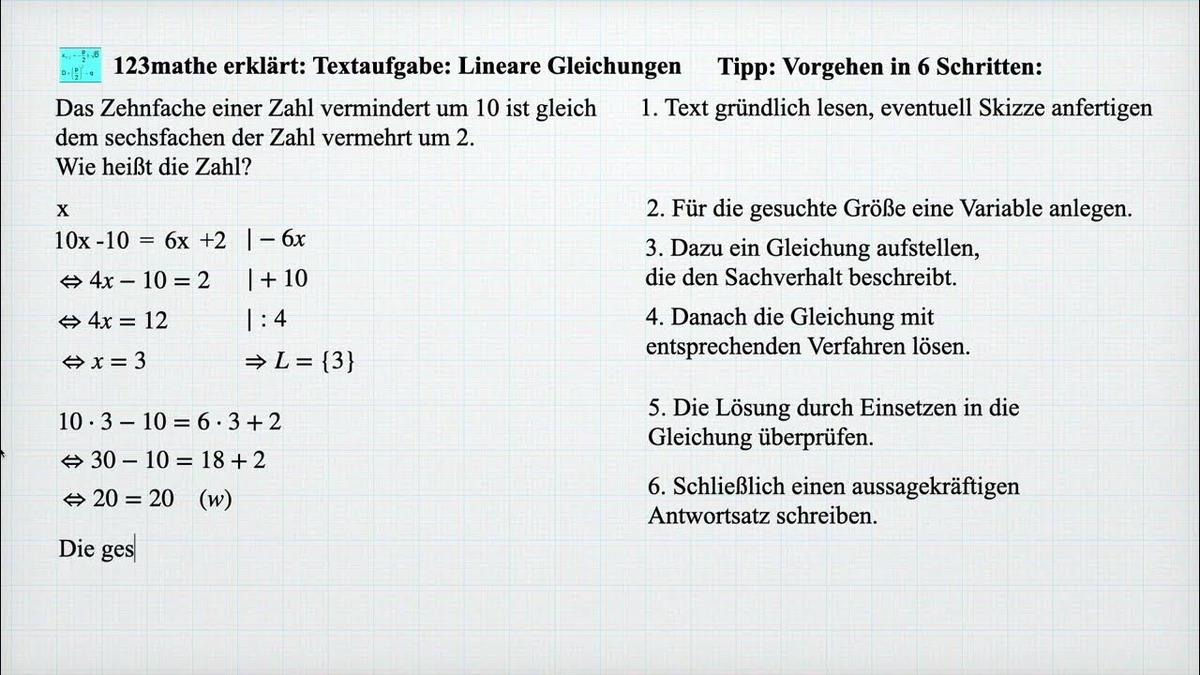 'Video thumbnail for Lineare Gleichungen Textaufgabe mit Tipps'