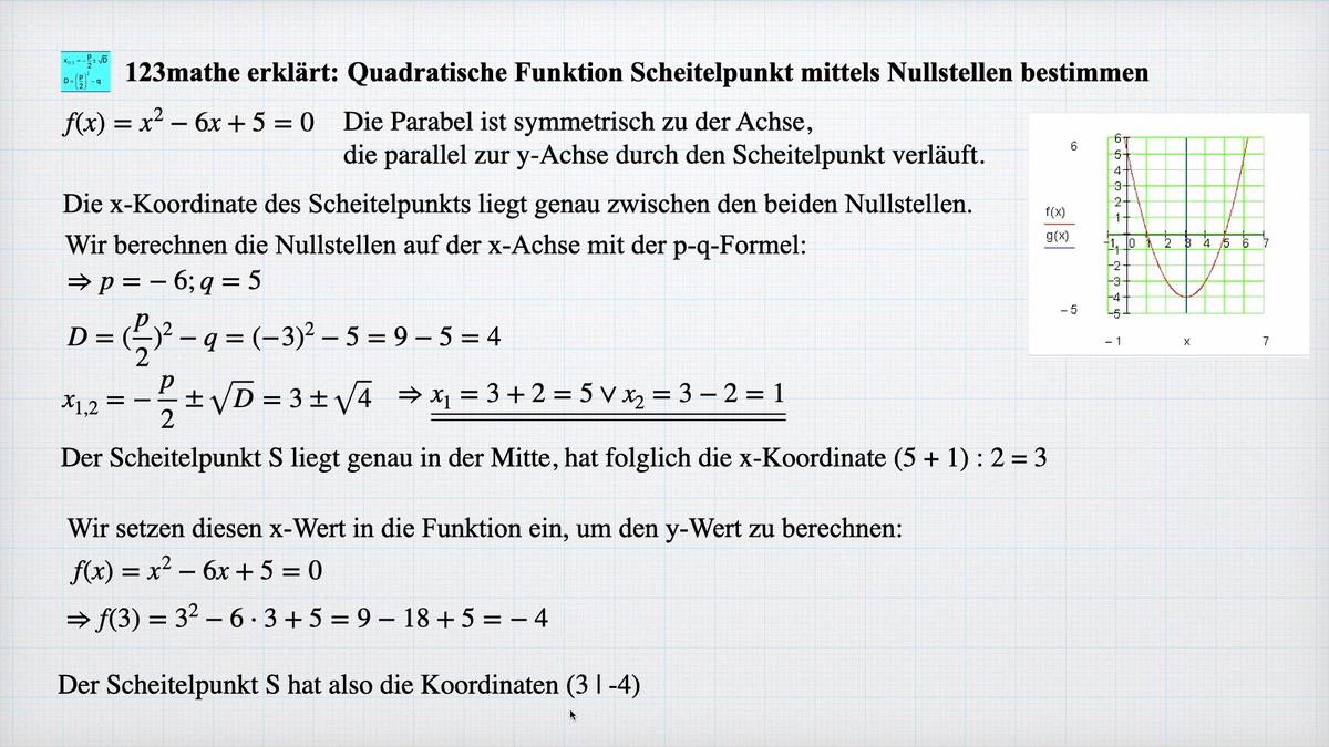 'Video thumbnail for Quadratische Funktion Scheitelpunkt über Nullstellen bestimmen'