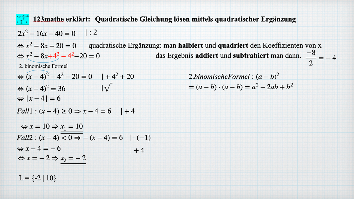 'Video thumbnail for Quadratische Ergänzung, quadratische Gleichung lösen'
