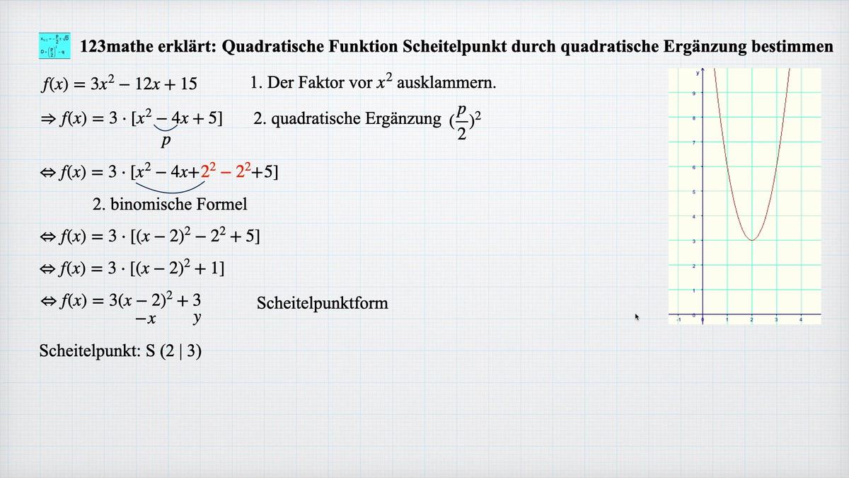 'Video thumbnail for Quadratische Ergänzung Scheitelpunkt bestimmen'