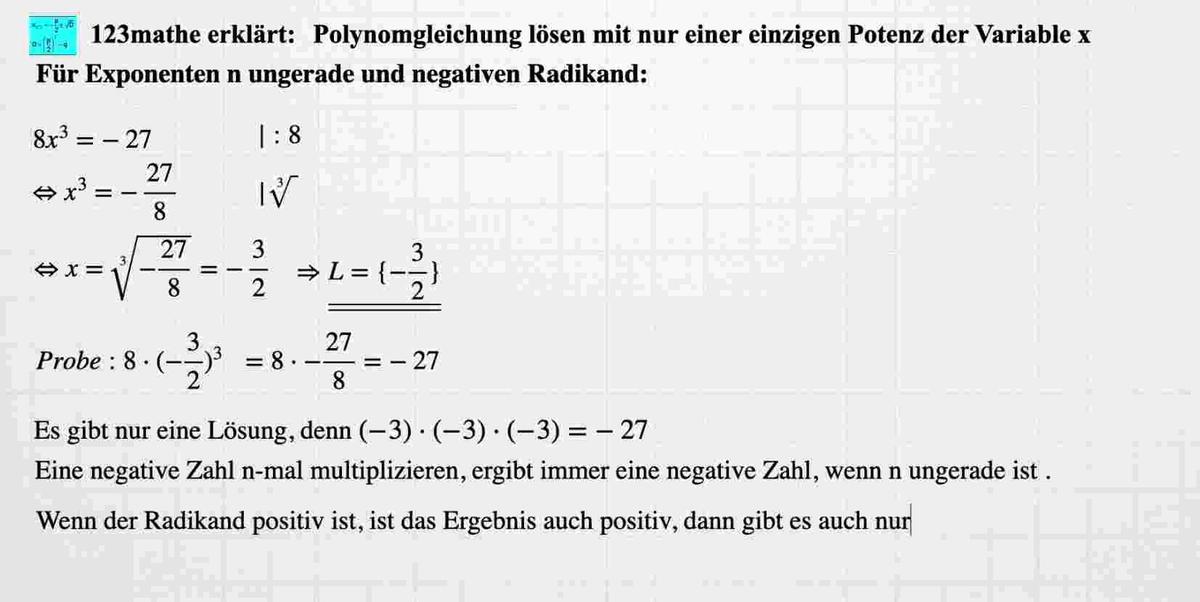'Video thumbnail for Polynomgleichung lösen, 1 Potenz von x, Exponent ungerade, Radikant negativ'